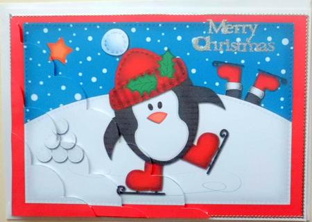 A5 Xmas Skating Penguin Scallop Corner Side Stacker by Mary Murphy