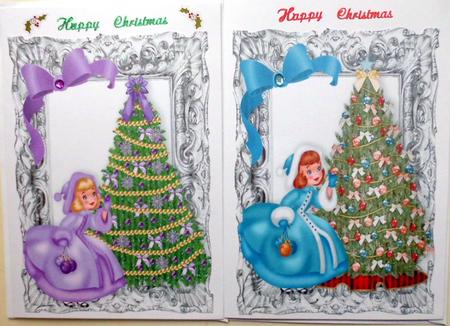 Little Girls with Christmas Trees in Frames Toppers by Mary Murphy