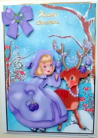 Little Girl in Purple with Little Deer in the Snow by Mary Murphy