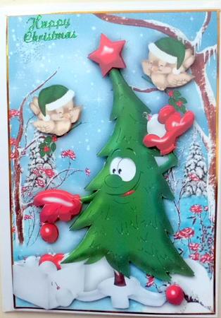 Funny Christmas Tree in the Snow with Robins by Mary Murphy