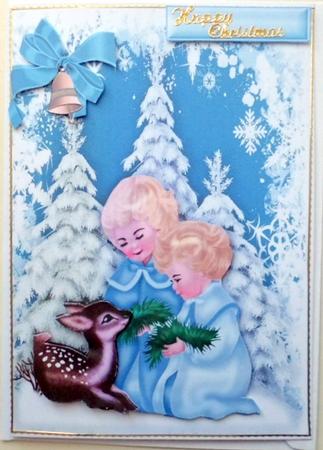 Little Girls in the Snow with Cute Deer by Mary Murphy