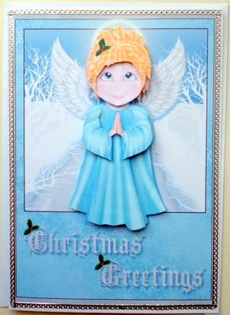 Blue Christmas Angel (light) Card Front and Decoupage by Mary Murphy