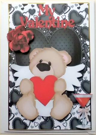 Cute Angel Bear with Red Rose on Black Lace Heart A5 by Mary Murphy