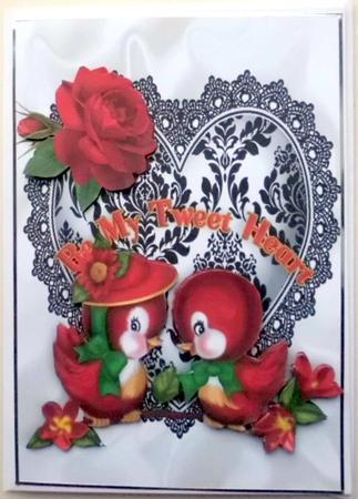Love Birds on a Heart with Pretty Red Rose by Mary Murphy