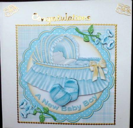 Baby Boy Cot and Booties Card Front by Mary Murphy