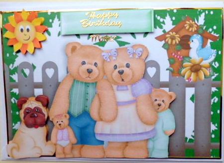 Teddy Bear Family with Little Pug and Birdhouse by Mary Murphy