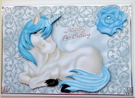Pretty Unicorn with Blue Rose in Silver Frame by Mary Murphy