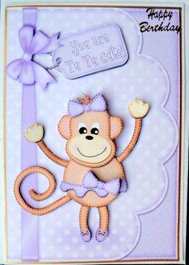 A5 Tu Tu Monkey Felties Scalloped Edge & 3D Decoupage by Mary Murphy