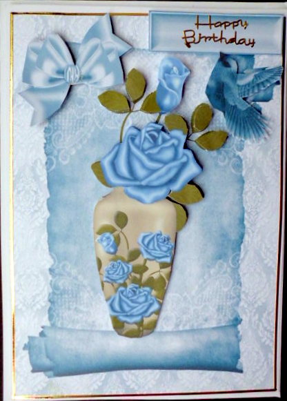 Beautiful Blue Roses in a Vase with Birds by Mary Murphy