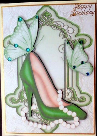 Green Shoes with Pearls in Ornate Frame with Butterflies by Mary Murphy