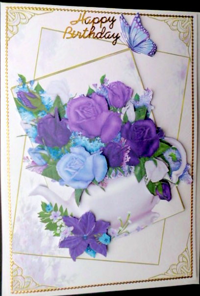 Flower Filled Teapot Card Front Decoupage by Mary Murphy