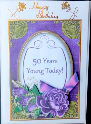 Dpurple Rose 50 Years Young! Oval 7x5in Decoupage Topper by Mary Murphy
