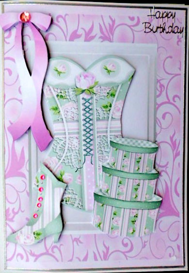 Pink/stripe Basque with Roses in Scroll Frame by Mary Murphy