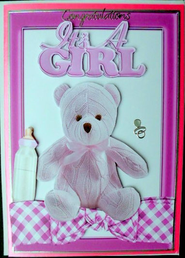 Pink Knitted Bear for Baby Girl with Bottle by Mary Murphy