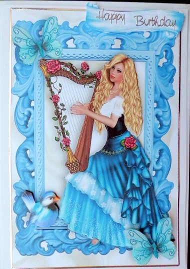 Vintage Lady with Harp and Flowers by Mary Murphy