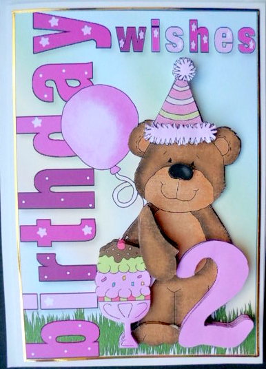 Birthday Girl Bear Age Two Card Front and Decoupage by Mary Murphy