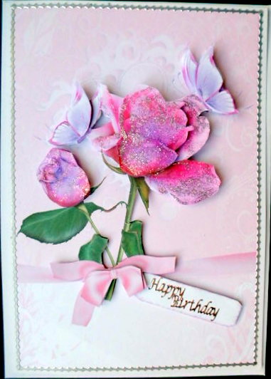 Pink Ribbon Tied Roses Card Front and Decoupge by Mary Murphy