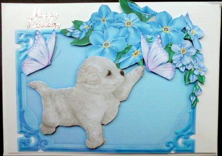 White Puppy with Butterflies & Lilac Flowers by Mary Murphy