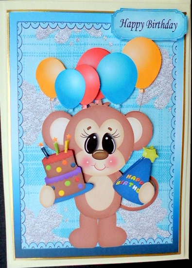 Cute Monkey with Party Hat & Birthday Cake by Mary Murphy