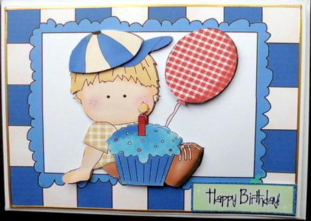 Birthday Boy with His Cake and Balloon in Blue Frame by Mary Murphy