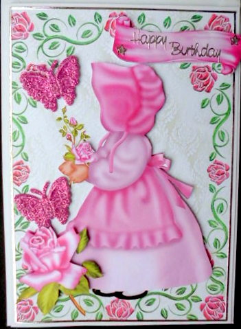 Little Bonnet Girl in Pink Rose Frame with Little Birds by Mary Murphy
