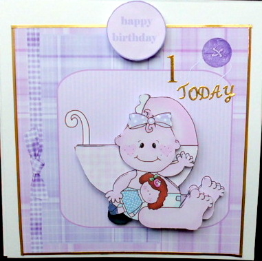 Baby Girl First Birthday Card with Decoupage by Mary Murphy