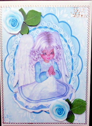 Little Angel Praying with Blue Roses on Lace by Mary Murphy