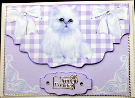 Fluffy White Kitten with Bows on Scalloped Envelope by Mary Murphy