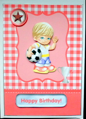 Little Football Boy Card Front (red) with Decoupage by Mary Murphy