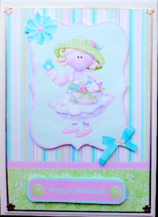 Hat Girl with Flowers Card Front with Decoupage by Mary Murphy
