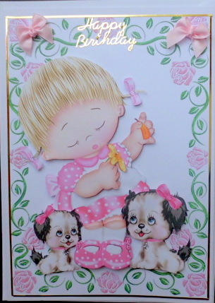 Sweet Little Girl in Frame of Roses with Puppies by Mary Murphy