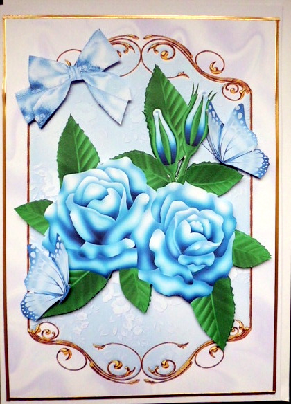 Blue Roses and Blue Butterflies in Ornate Frame by Mary Murphy