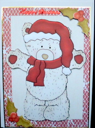 Cute White Teddy Bear with Red Hat & Scarf by Mary Murphy