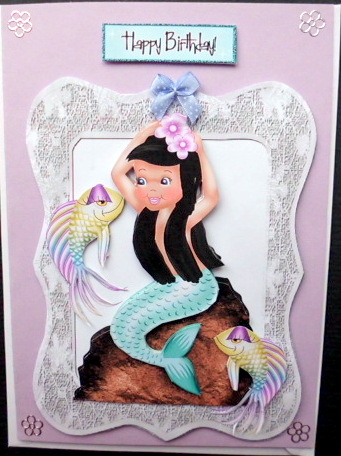 Pretty Blue Mermaid with Fish in Lace Frame by Mary Murphy