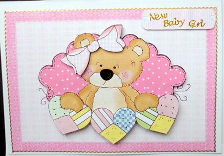 Adorable Baby Girl Teddy with Patchwork Hearts by Mary Murphy