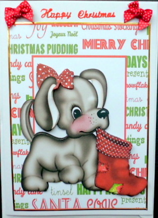 Puppy with Christmas Stocking and Bow by Mary Murphy