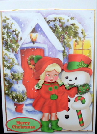 Little Girl in Her Red Coat with Snowman by Mary Murphy