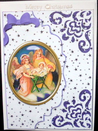 Nativity in Glass on Purple Scalloped Envelope by Mary Murphy