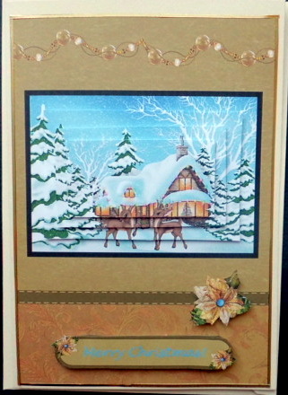 Reindeer Christmas Scene Gold Card Front with Pyramage by Mary Murphy