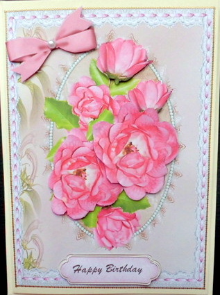 Beautiful Roses on a Lace and Pearl Plaque by Mary Murphy