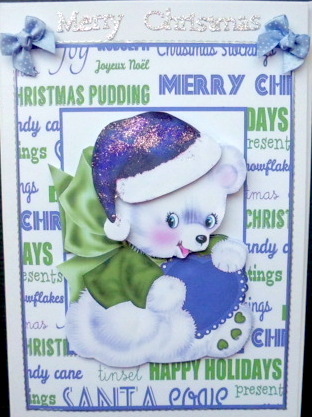 Little Bear with Purple Heart in Christmas Frame by Mary Murphy