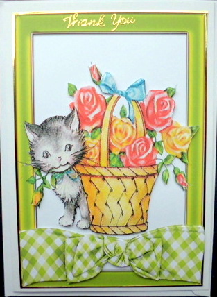 Vintage Kitty with Basket of Flowers with Bow by Mary Murphy