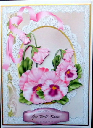 Lovely Pink Pansys on Lace by Mary Murphy
