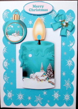 Turq Candle with Snow Scene and Bauble by Mary Murphy