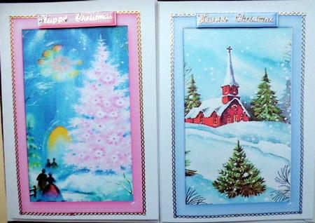 Christmas Scenes with Church and Pink Tree Cards by Mary Murphy