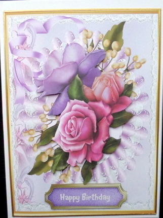 Lovely Lilac and Pink Roses on Lace . by Mary Murphy