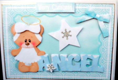 Cute Angel Bear with Blue Angel Writing by Mary Murphy