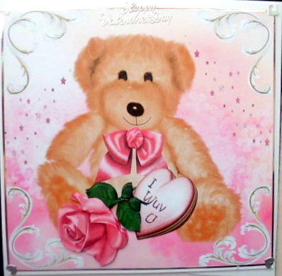 I Wuv U , Cute Teddy Bear with Heart and Rose 8x8 by Mary Murphy