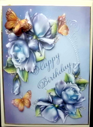 Pretty Blue Roses with Gold Butterflies by Mary Murphy