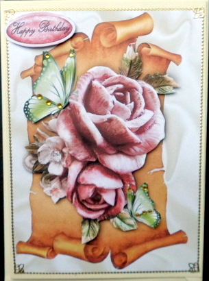 Pink Roses and Butterflies on a Scroll by Mary Murphy